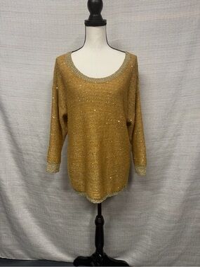✨ Reba Metallic Gold Knit Sweater | Sequin Scoop Neck | Size Large